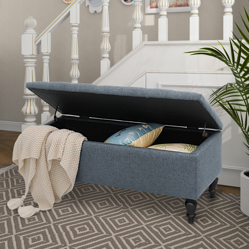 Banc de rangement rembourré avec pieds en bois massif Balcom, Bleu denim, H 17 po x l 37,8 po x P 17 po