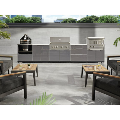 Ensemble d'armoires d'extérieur 5 pièces en aluminium gris ardoise avec bar, gril, évier, barbecue au propane liquide 33 po et plateau blanc 32 po Dekton
