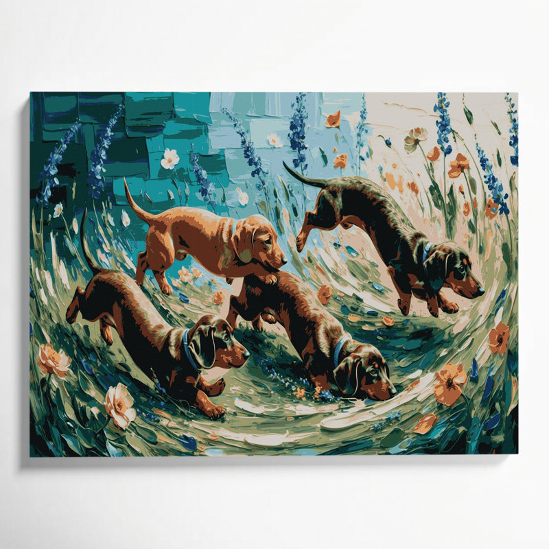 Chiens, teckel gris, art mural sur toile, H 24 po x l 36 po