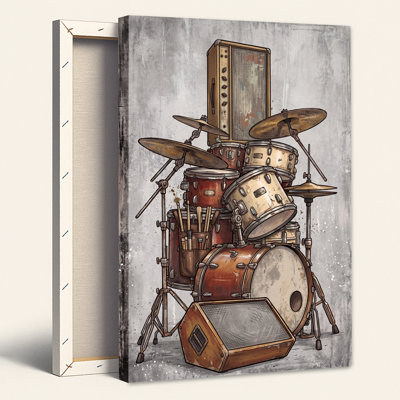 Tableau sur toile représentant une batterie vintage avec amplificateurs et cymbales