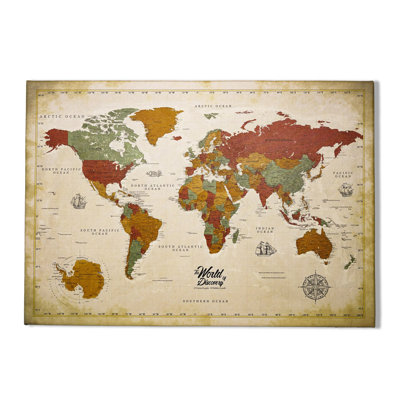 World Map Canvas Wall Art with Push Pin Board – Vintage Style Decorative World Map for Travel Tracking – Ready to Hang Canvas for Home Office or Study