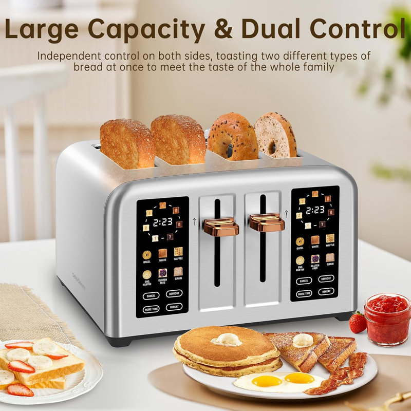 Seedeem Toaster 4 Slice, Stainless Steel, Touch Screen For Dual Control, Digital Timer, Smart Toaster With 6 Bread Type, 7 Shade Setting, 1.5''wide Slot, Removable Crumb Tray, 1800w,metallic