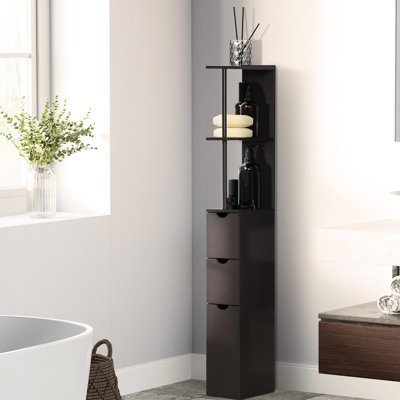 Armoire de salle de bain, tour à linge autoportante de 54 po de hauteur avec 2 tablettes et tiroirs, unité étroite peu encombrante, rangement pour casier brun,