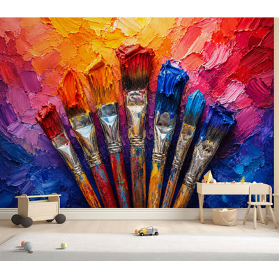 Papier peint adhésif, pinceaux colorés, peinture abstraite vibrante, peinture à l'huile auto-adhésive, papier contact amovible, décoration murale pour salon, chambre à coucher H 69 po x l 96 po