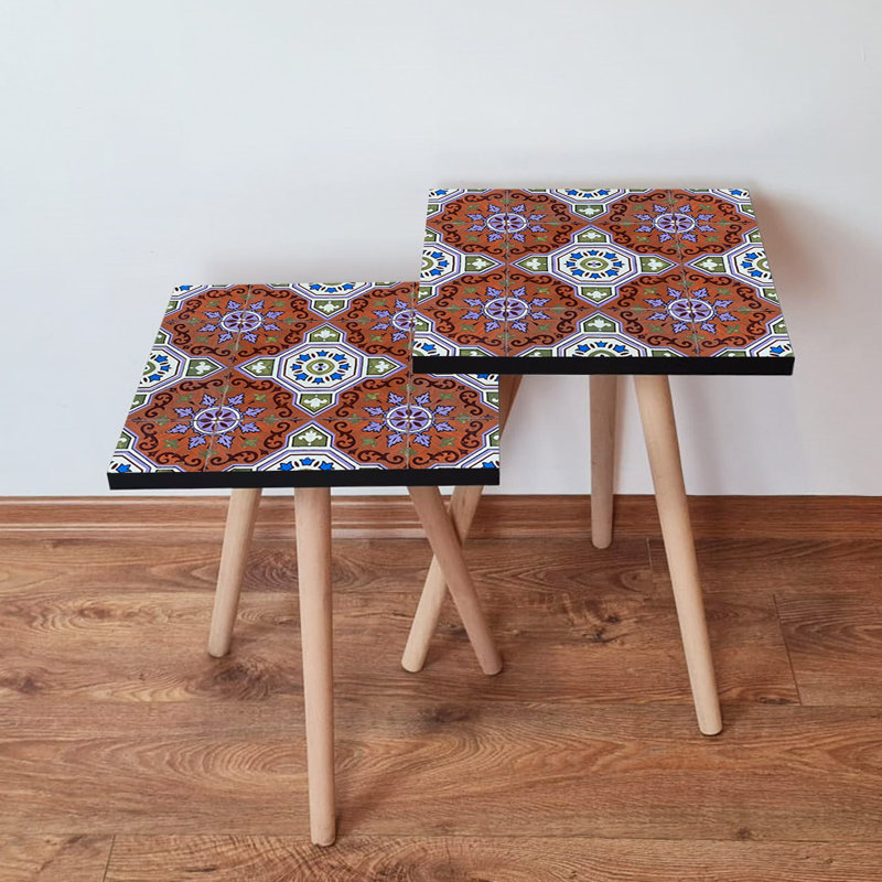 Stylish Nesting Tables (2 Pieces), Ethnic Geometric Design, 13.8 x 18.5 x 13.8 inches & 13.8 x 16.5 x 13.8 inches | 100% MDF with Beech Wood Legs | Perfect for Living Room & Modern Décor, Space-Saving Solution