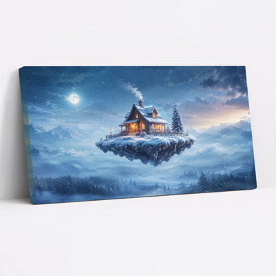 Cabane flottante au clair de lune au-dessus de montagnes enneigées - Toile murale d'Halloween