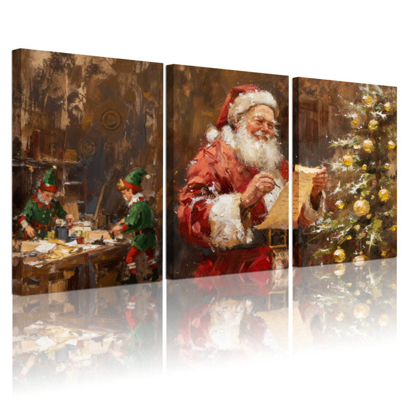 Ensemble de 3 impressions sur toile de Noël, père Noël, atelier, elfes, arbre de Noël, H 30 po x l 60 po