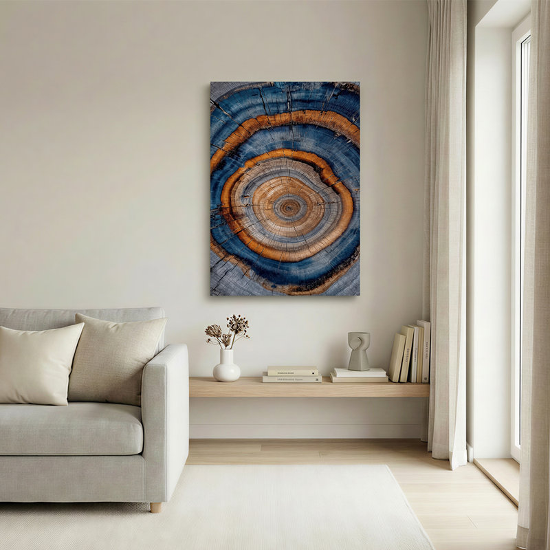 Bleu et brun, arbre, croissance, anneaux, section transversale, texture, art mural sur toile, H 24 po x l 18 po