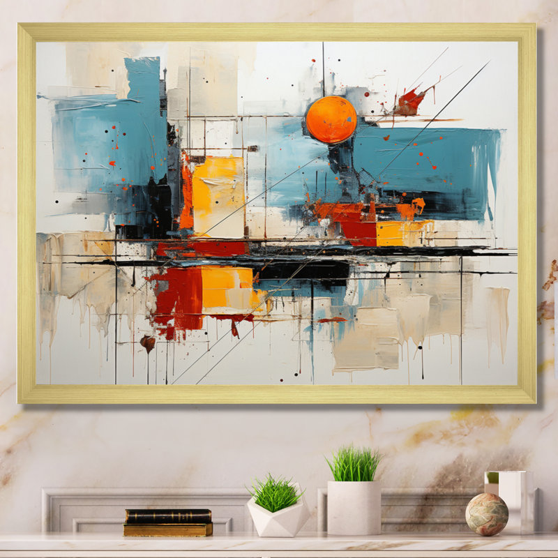 Grand art mural bleu sarcelle à flux audacieux - Dams, Cadre doré simple, H 16 po x l 32 po x P 1 po