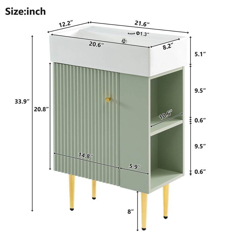 Meuble-lavabo vert 21,6 po, armoire combinée, meuble de rangement pour salle de bain, lavabo simple en céramique, rangement sur le côté droit