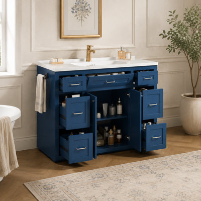 Meuble-lavabo bleu marine de 123 cm (48,36 po) avec lavabo en céramique, 6 tiroirs, tiroir central à ouverture latérale, portes à fermeture amortie, porte-serviettes réversible, MDF