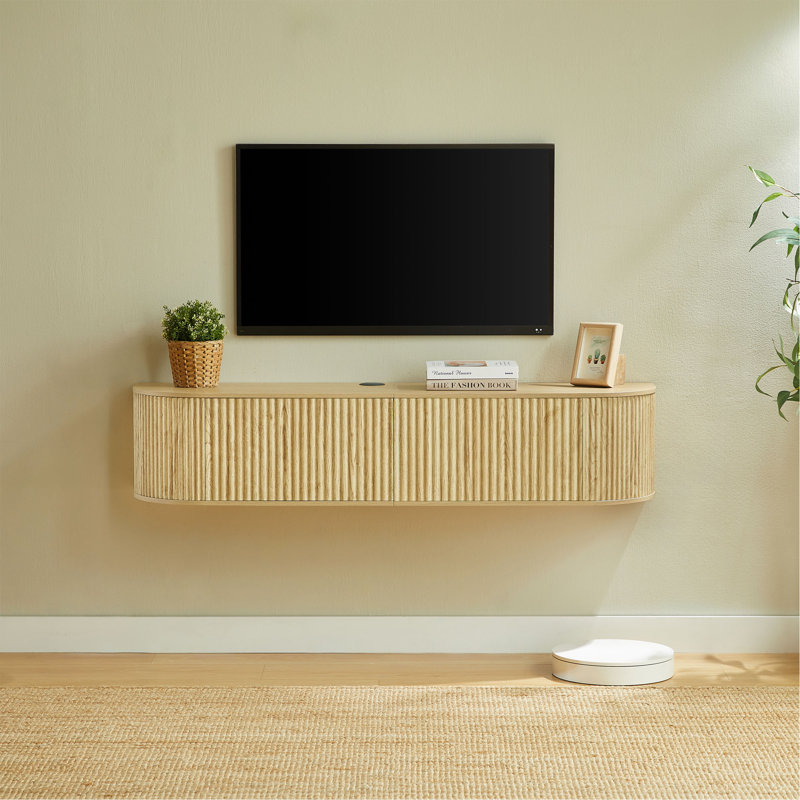 Meuble télé mural flottant de 55 po avec portes cannelées, console multimédia de grande capacité avec trous de gestion des câbles pour le salon, compatible avec divers styles de maison