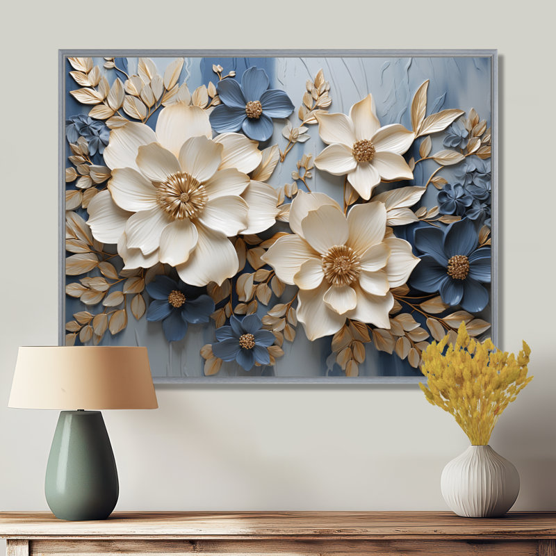 Composition de fleurs saisonnières beige et bleu - Fleurs saisonnières, H 34 po x l 44 po x P 1,5 po, Encadrement argenté