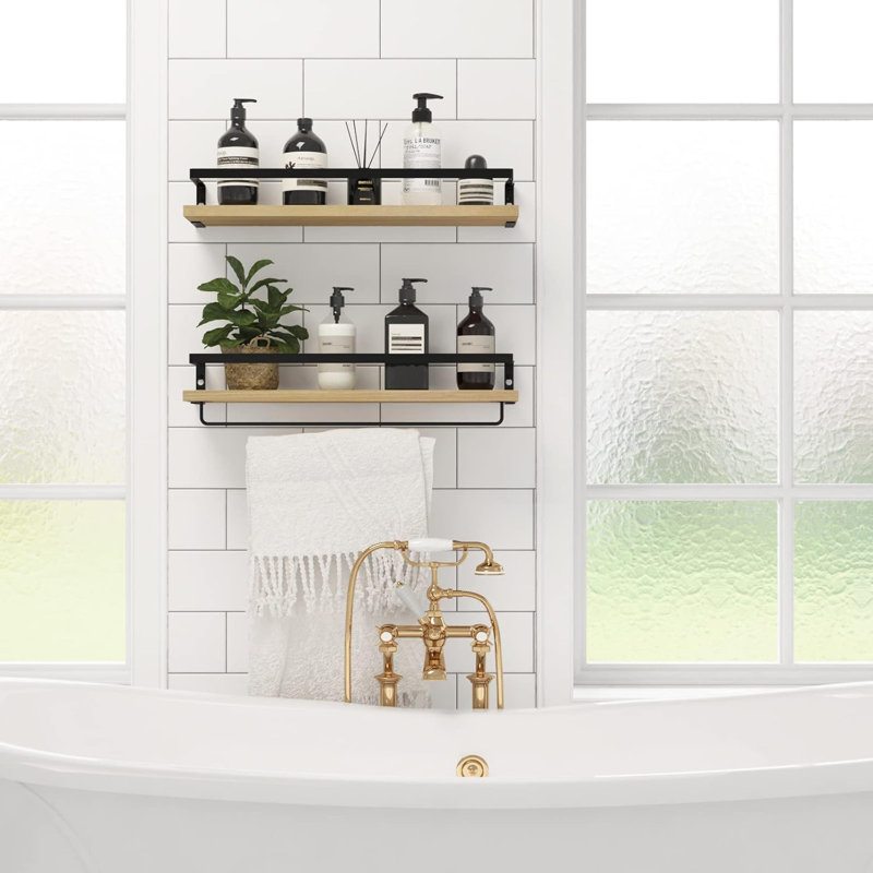 Floating Shelves With Towel Bar, Wall Mounted Storage Shelves For Bathroom, Kitchen, Bedroom, Living Room, Office, Set Of 2