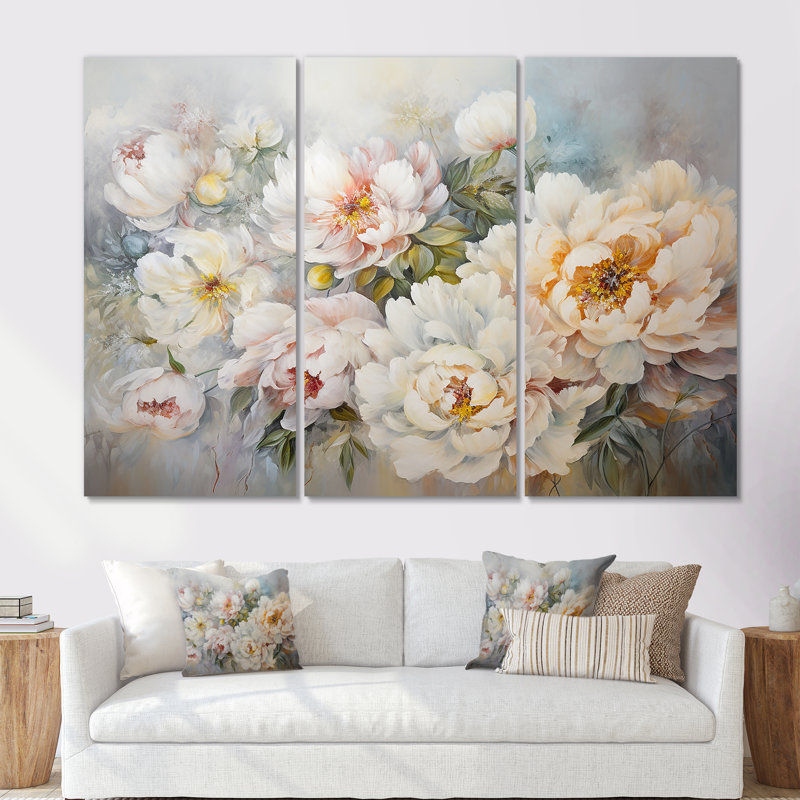 Ensemble de décoration murale pivoines blanches - pivoines, H 28 po x l 36 po x P 1 po, Toile tendue
