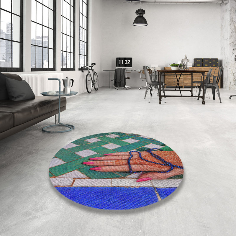 Tapis à motifs vert/bleu/orange zone orange Strouth, Rond 7 pi