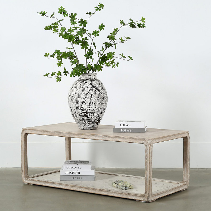 Vandemark Artissance Peking Coffee Table, 47-Inch Long Wooden Coffee Table with Base, White Wash Finish, Rustic