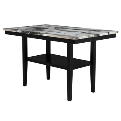 Table de salle à manger rectangulaire de 60 po à hauteur de comptoir avec tablette de rangement, base en bois d'ingénierie noir, plateau en lave imitation marbre gris anthracite, pour la cuisine et la salle à manger, 4 sièges, design moderne, finition laquée brillante, assemblage