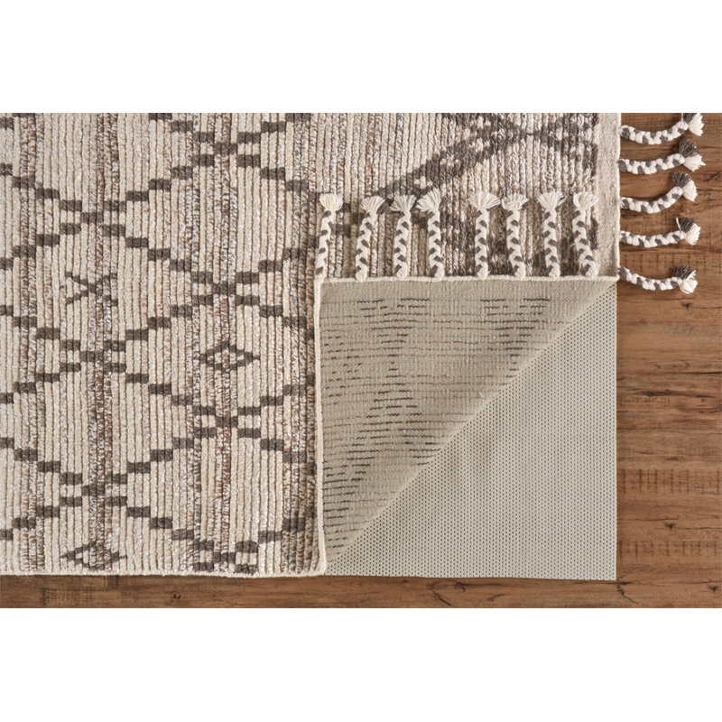 Masham Geometric Hand-Knotted Wool/Cotton Stone Area Rug, Rectangle 9'6" x 13'6"