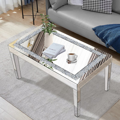 Silver Mirrored Coffee Table With Crystal Inlay, Rectangle Glass Tea Table With Mirrored Finish, Modern Center Table For Living Room And Office (24" D X 36" W X 18" H)