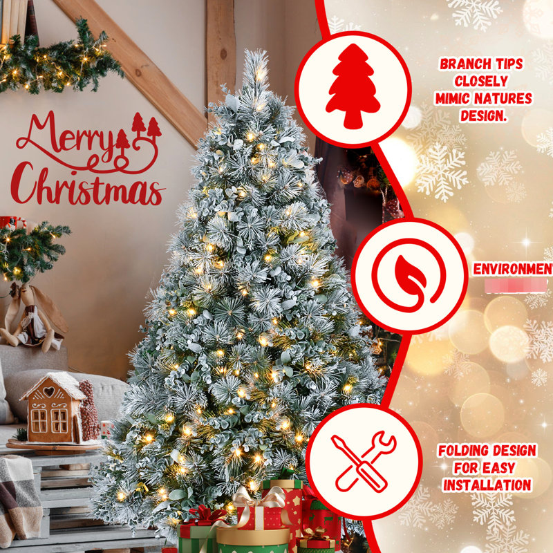 Arbre de Noël enneigé de 4 pi avec feuillage de pin et d'eucalyptus givré, 150 lumières à DEL blanc chaud, 404 pointes pleines, assemblage à charnières enneigées avec des feuilles, éclairage, branches d'aspect naturel,