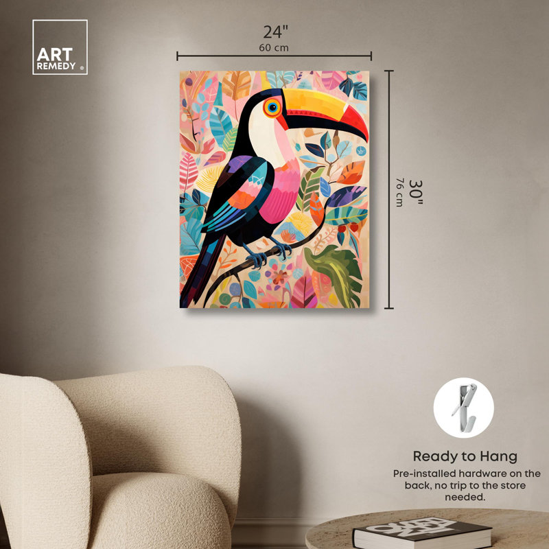 «Whimsical Toucan», art mural abstrait tropical par Art Remedy, Toile tendue, H 30 po x l 24 po
