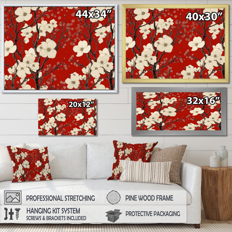 Élégance sur toile rouge et blanc Dogwood, H 30 po x l 40 po x P 1,5 po, Cadre simple blanc