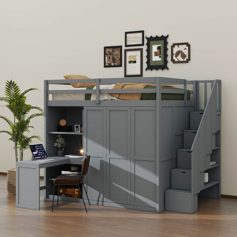Lit superposé double avec armoire intégrée, bureau et système d'étagères, gris