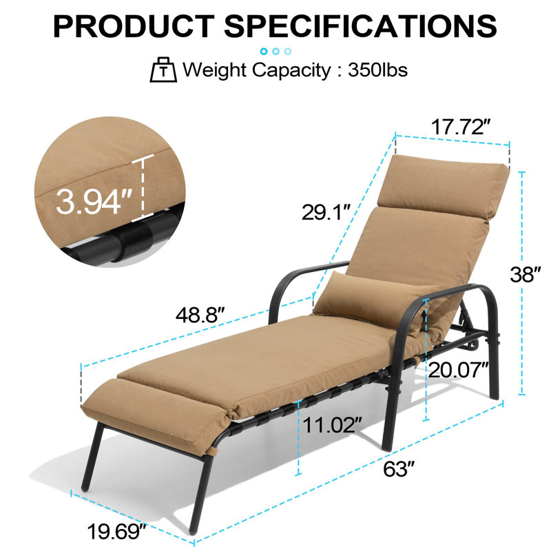 Outdoor Patio Metal Reclining Chaise Lounge Chair with Cushions and Backrest Pillows (Set of 4), Tan
