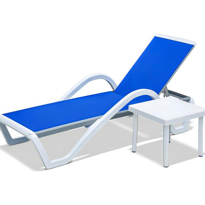 Patio Chaise Lounge Adjustable Aluminum Pool Lounge Chairs with Arm All Weather Pool Chairs for Outside,in-Pool,Lawn (Blue, 1 Lounge Chair+1 Plastic Table)