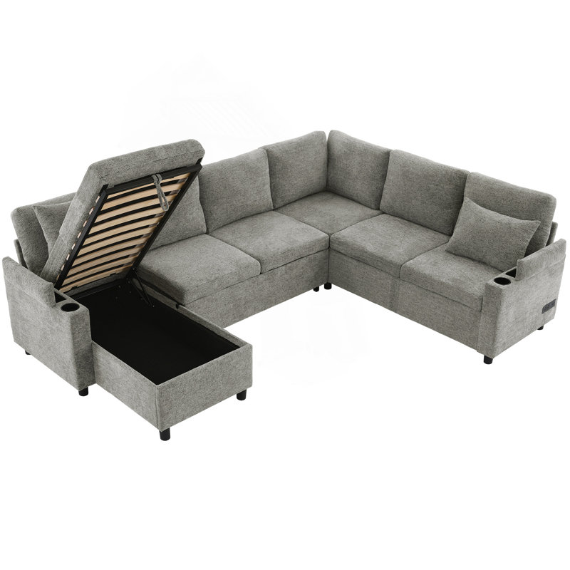 U-shaped Sectional Sofa Bed With Ample Storage Space, Two Cup Holders, Charging Ports And Hidden Storage Chaise