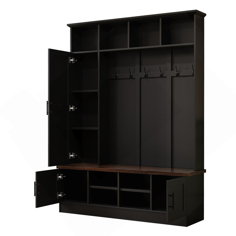 Versatile 3-In-1 Hall Tree With 6 Hooks, Farmhouse Walnut Storage Bench With Adjustable Shelves, 55"W Entryway Coat Rack With Multiple Storage Space For Mudroom, Hallway, Black