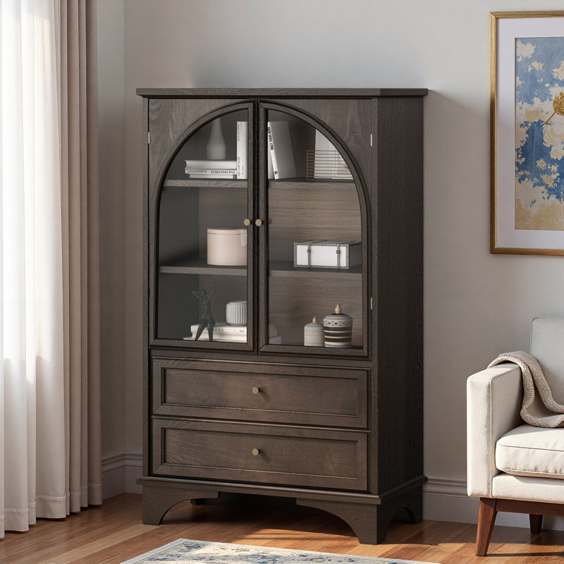Armoire de rangement vitrée avec 2 tiroirs et tablettes réglables, Brun