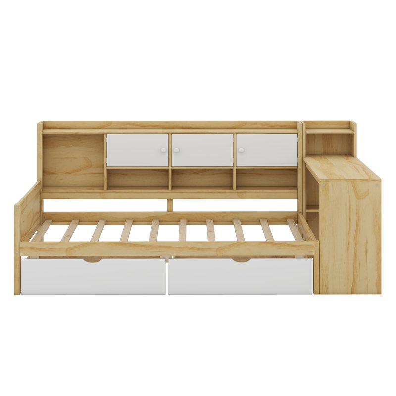 Wooden L-Shape Daybed With Seven Storage Cabinets And Two Storage Drawers,Multi-Functional Bed With Study Desk, Twin