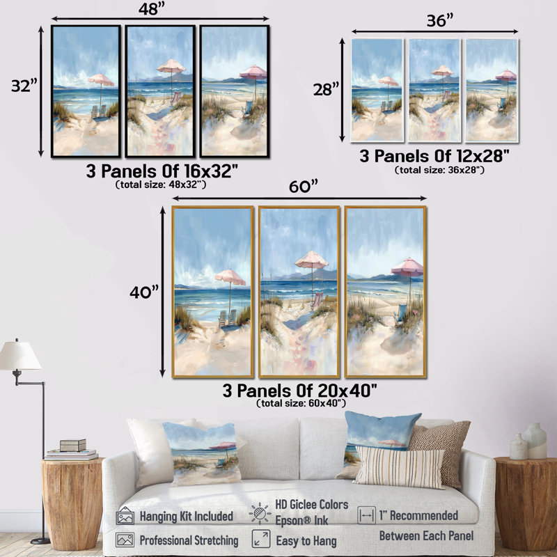 Chaises de plage roses dans un paysage de plage I - Collection d'art mural plage, H 28 po x l 36 po, Toile tendue