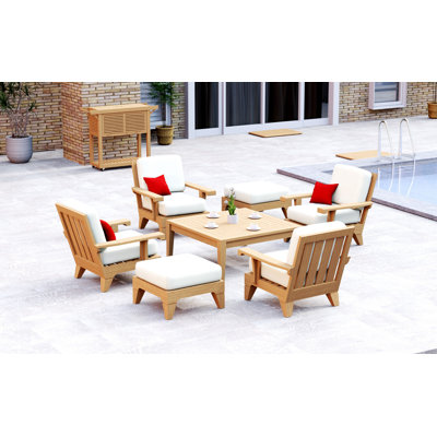 Ensemble de chaises longues en bois de teck 7 pièces Teakstation: 4 chaises longues, 2 repose-pieds et table basse carrée avec coussins en tissu Sunbrella d'extérieur # 5404