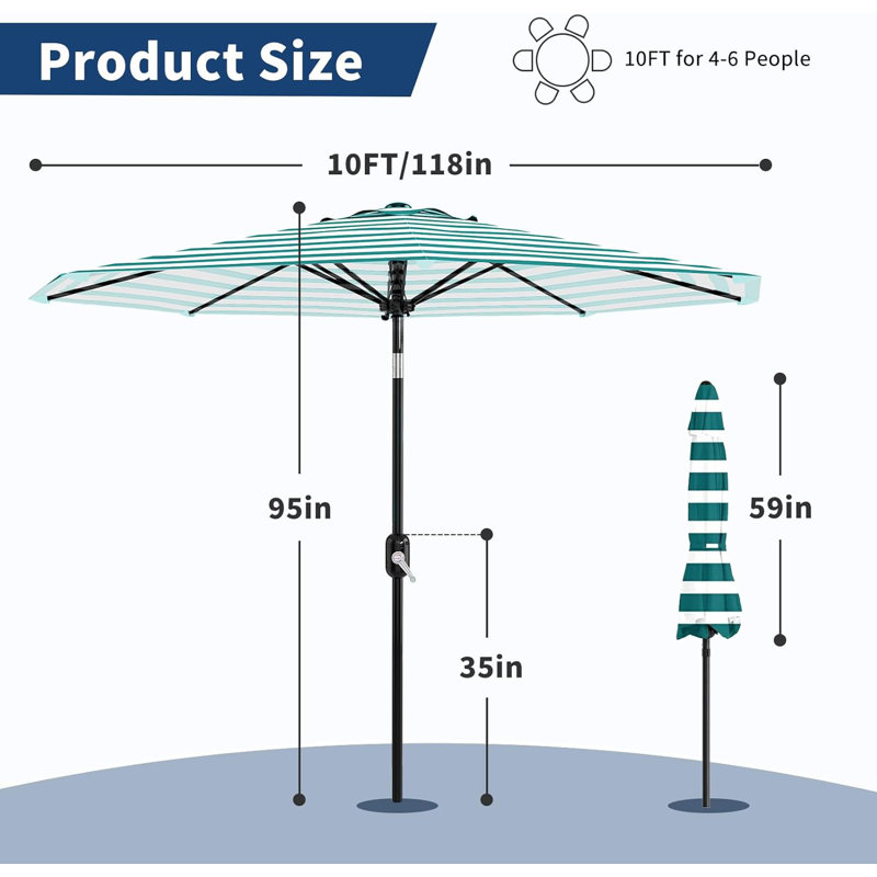 Parasol d'extérieur rayé 10 pi, Sarcelle
