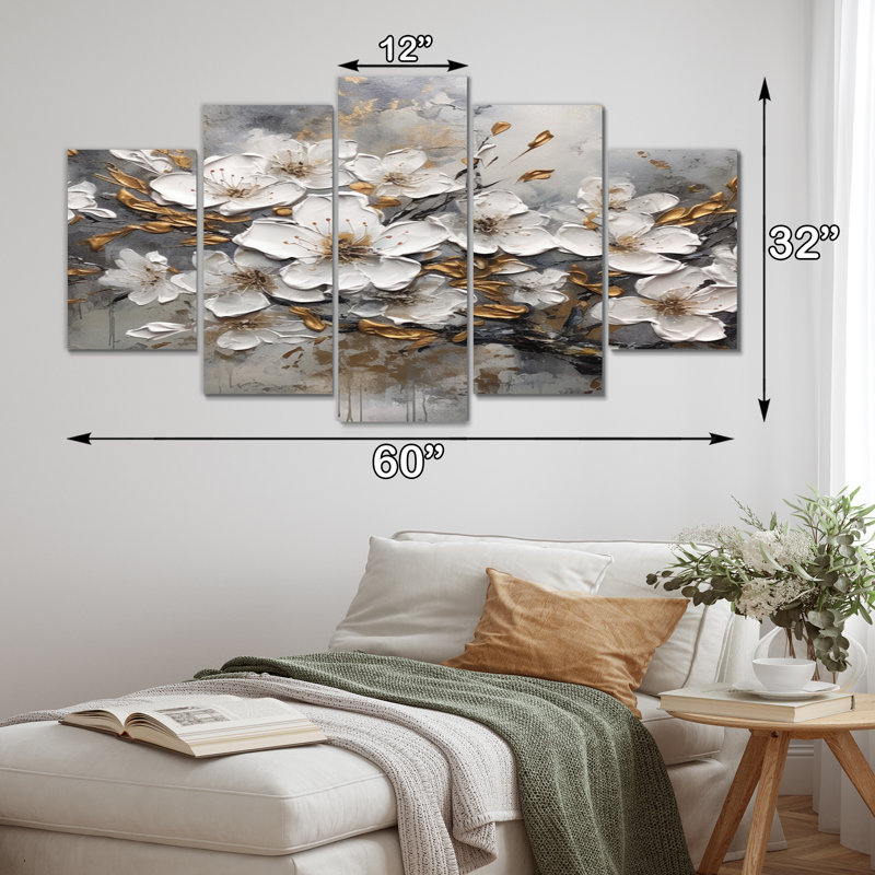 White Grey Cherry Blossum Harmony I - 5 Piece Wall Decor Set Metal