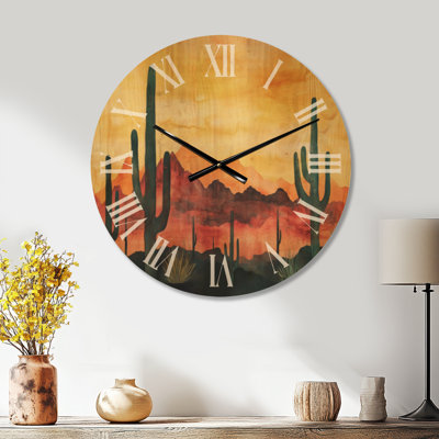 Horloge murale surdimensionnée en bois de cactus - montagnes du désert avec des silhouettes de cactus