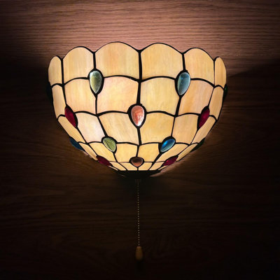 Keisler Tiffany Sconces Lamp Gold Stained Glass Half Moon Crystal Beans Pull Chain Switch LED Bulb 12"W*6"D*7"H