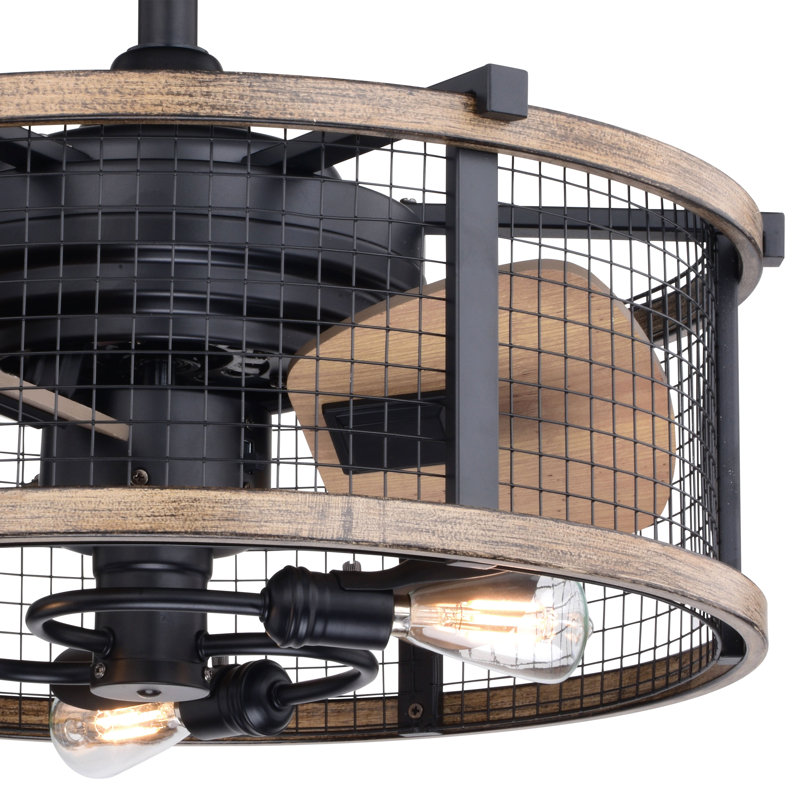 Ender 21 in. Oil Rubbed Bronze and Burnished Teak Indoor Rod Mount Industrial Fandelier Ceiling Fan with Anigre Blades, Dimmable LED Light Kit and Remote Control Included, 3 Speeds Caged Drum Shade