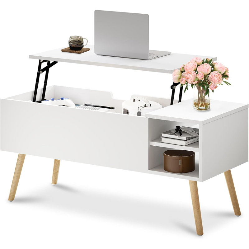 Table basse avec pieds en bois massif, compartiment de rangement caché et tablettes ouvertes