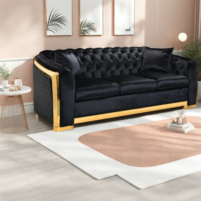 Modern Sofas Set, 81 Inch Velvet Chesterfield With Gold Steel For Home