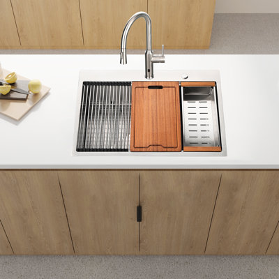 33"X22"X10" Drop-In Sink, Stainless Steel With Streamlined Workspace Kitchen Sink 33X22x10": Workstation