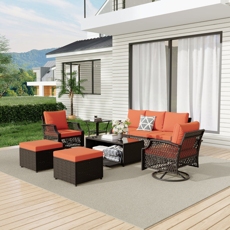 7 Piece Patio Furniture Set, Wicker Outdoor Conversation Sofa Set With Swivel Chairs, 2 Ottomans, Storage Coffee Table