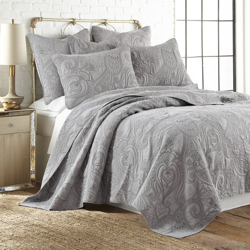 Ensemble de courtepointe Perla Grey, Courtepointe de grande taille et 2 taies décorati