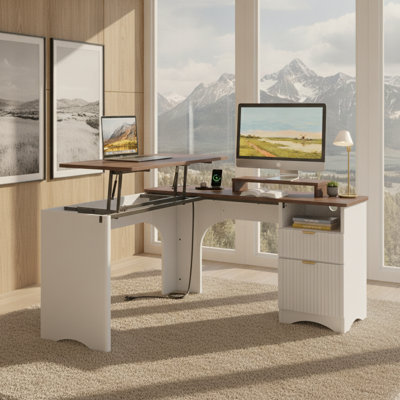 Daymen 55 Inch Lift Top L-Shaped Fluted Computer Desk with Built-in Power Outlet, File Drawer, Open Shelf, Monitor Riser & Cable Management, Home Office Workstation, Gaming & Study Table