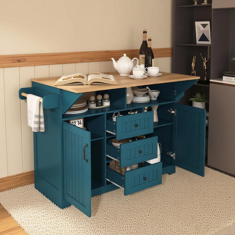 55.7'' Large Kitchen Island With 2 Drop Leaf,, Rolling Kitchen Cart On 5 Wheels With Power Outlet, Folding Storage Dining Table With Spice & Towel Rack , 3 Drawers, For Kitchen, Dining Room,green