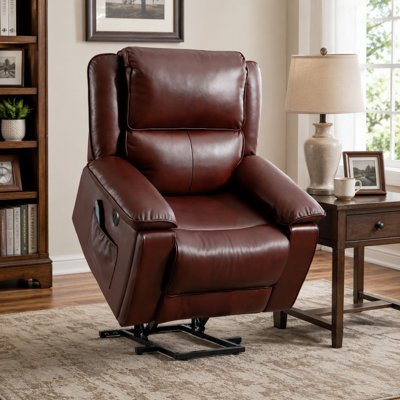 Fauteuil inclinable électrique en cuir véritable de 97 cm de large avec fonction chauffante et massante, porte-gobelets dissimulés et télécommande