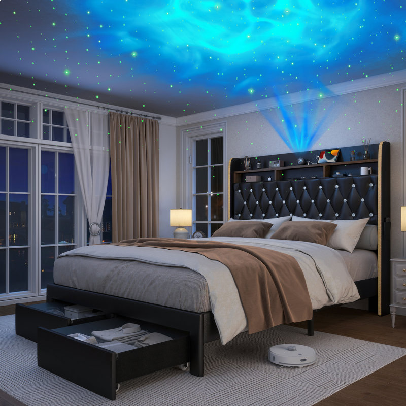 Structure de lit Galaxy Aurora avec 2 tiroirs de rangement et tête de lit tapissier capitonnée Diamond, Noir, Très grand lit